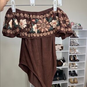 Embroidered Brown Off-Shoulder Bodysuit